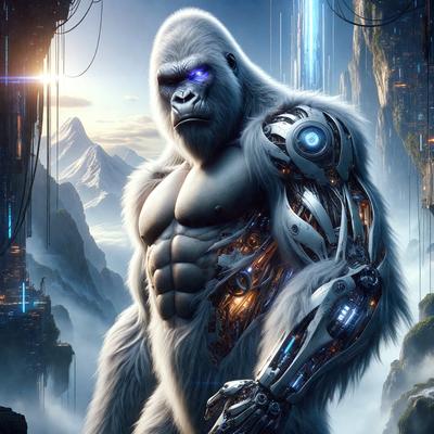 The primary subject of the image is a gorilla with a futuristic, robotic arm. The gorilla is standing in front of a mountain, and the setting appears to be a futuristic environment. The visual style of the image is digital art, and the dominant colors are blue and white. The overall atmosphere of the image is futuristic and technological.